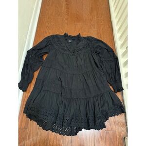 Maeve Anthropologie Black Eyelet Lace Tiered Babydoll Mini Dress XS Long Sleeve